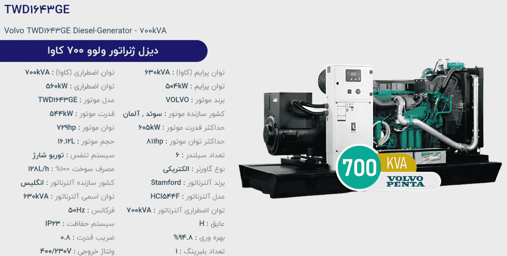 دیزل ژنراتور ولوو 700 كاوا مدل TWD1643GE