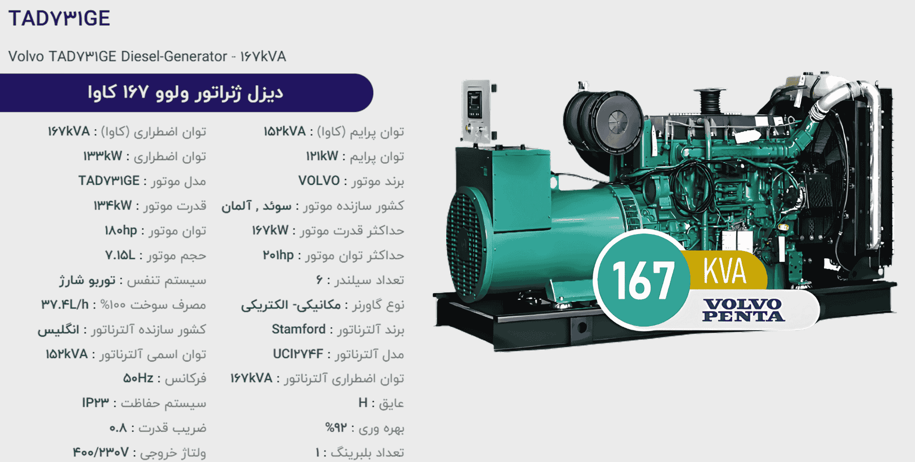 دیزل ژنراتور ولوو 167 كاوا مدل TAD731GE