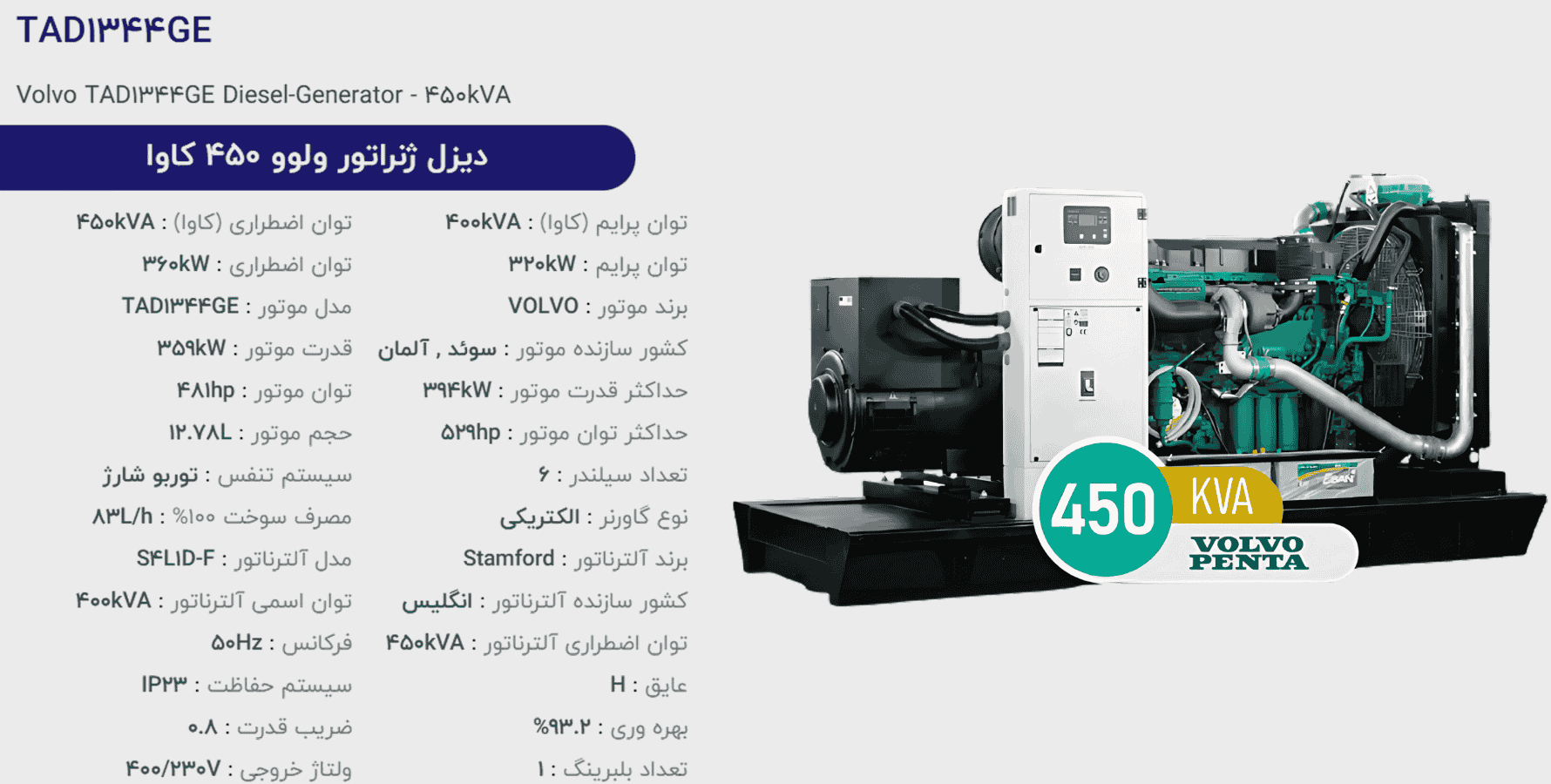دیزل ژنراتور ولوو 450 كاوا مدل TAD1344GE