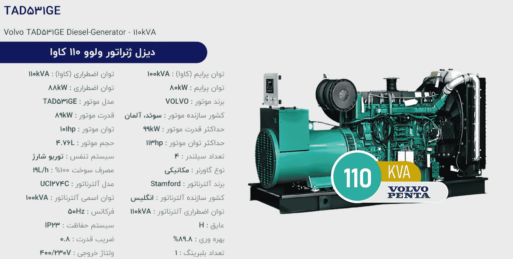 دیزل ژنراتور ولوو 110 كاوا مدل TAD531GE